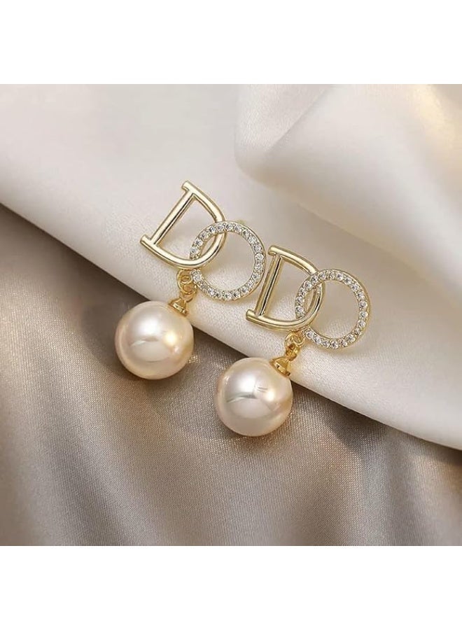 Ucanbe Luxury Crystal Pearl Drop Earrings with DO Letter | Elegant Shiny Fashion Jewelry for Women & Girls - Image 3